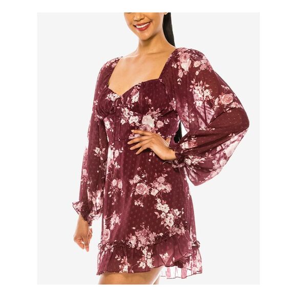 B DARLIN Womens Fit + Flare Short Dress Burgundy Long Sleeve Lined Juniors 7\8 - Picture 3 of 4